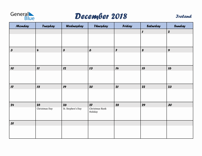 December 2018 Calendar with Holidays in Ireland