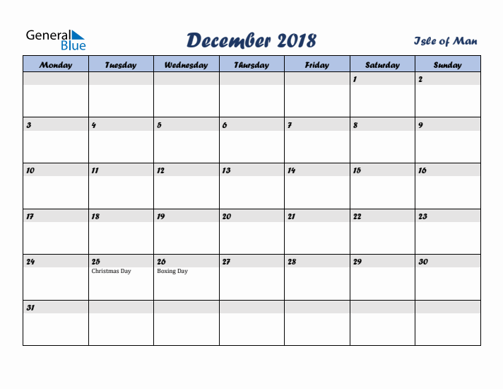 December 2018 Calendar with Holidays in Isle of Man