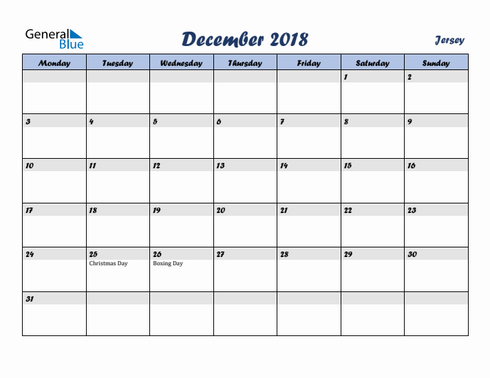 December 2018 Calendar with Holidays in Jersey