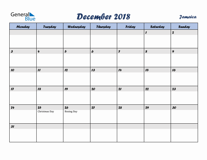 December 2018 Calendar with Holidays in Jamaica