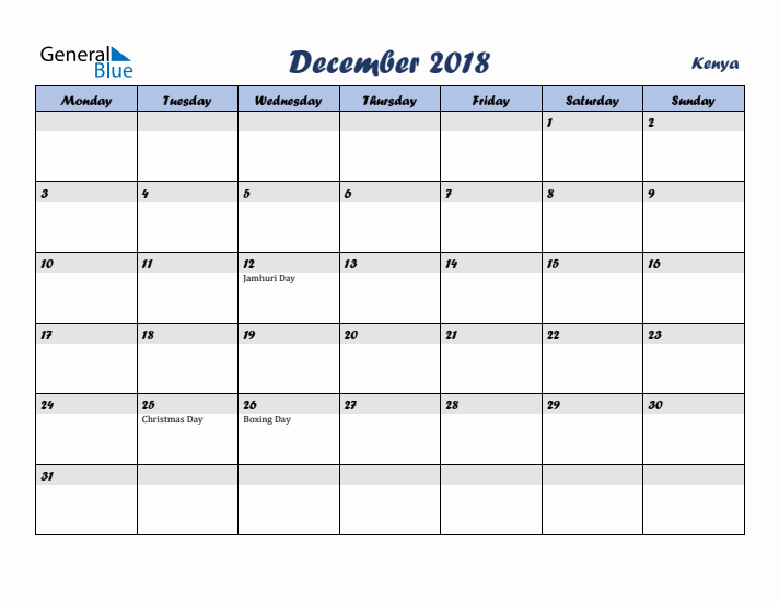 December 2018 Calendar with Holidays in Kenya