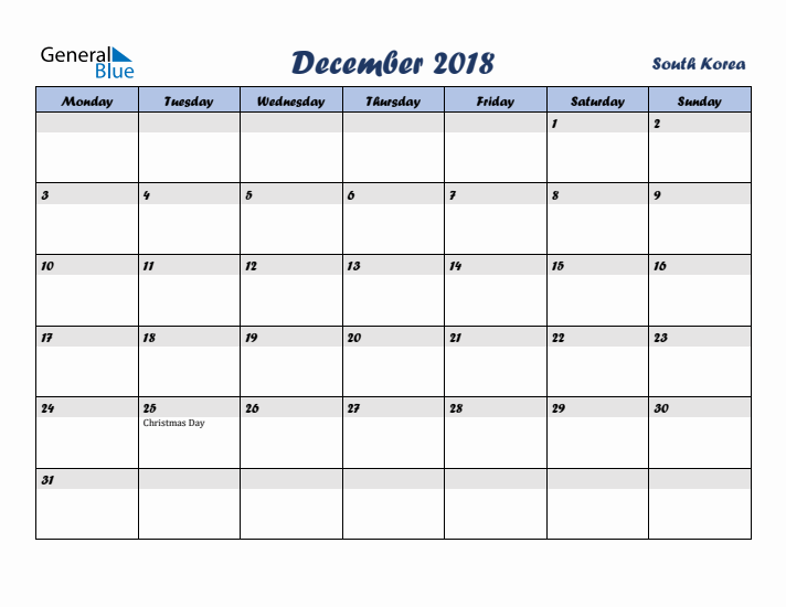 December 2018 Calendar with Holidays in South Korea