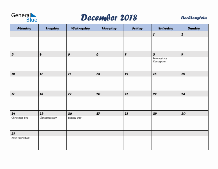 December 2018 Calendar with Holidays in Liechtenstein
