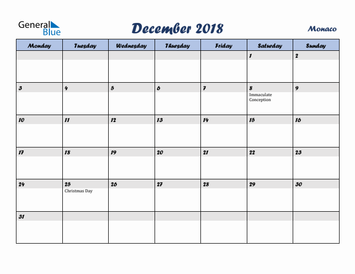 December 2018 Calendar with Holidays in Monaco