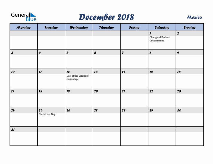 December 2018 Calendar with Holidays in Mexico