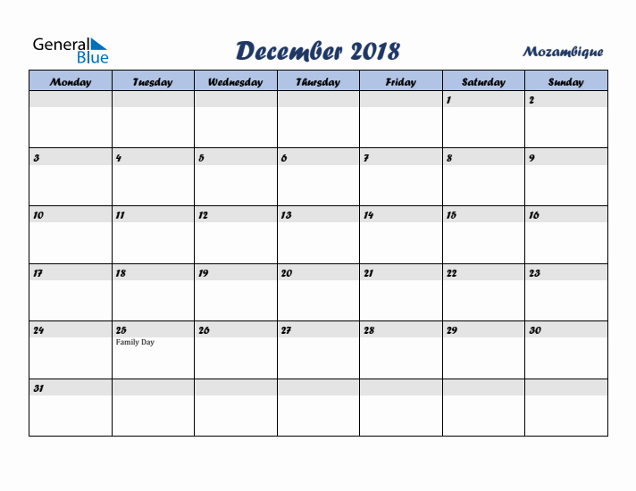 December 2018 Calendar with Holidays in Mozambique