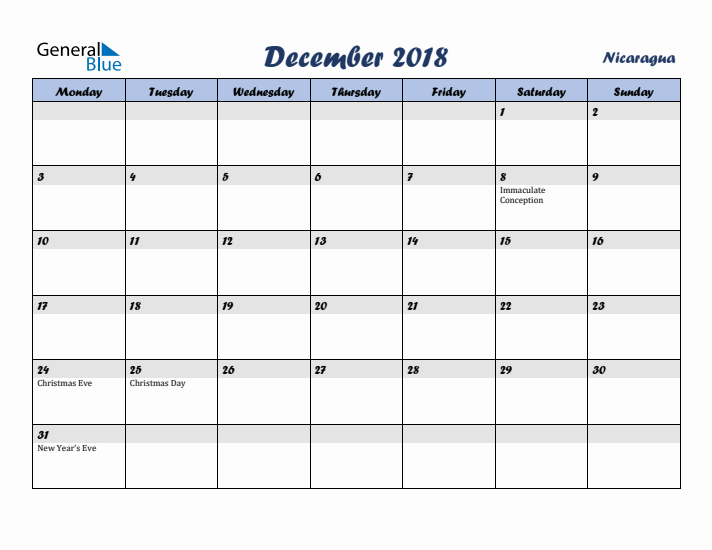December 2018 Calendar with Holidays in Nicaragua