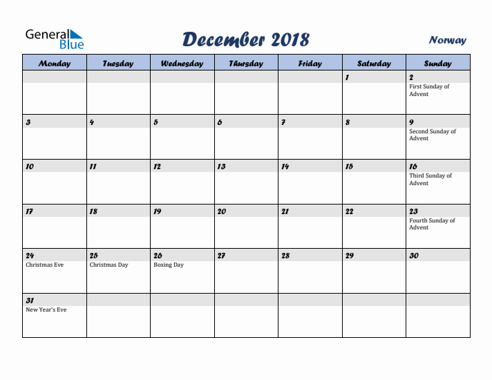 December 2018 Calendar with Holidays in Norway