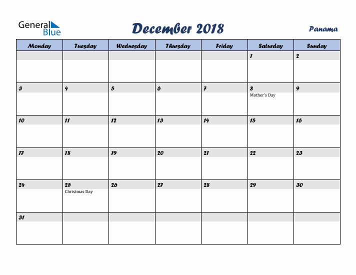 December 2018 Calendar with Holidays in Panama
