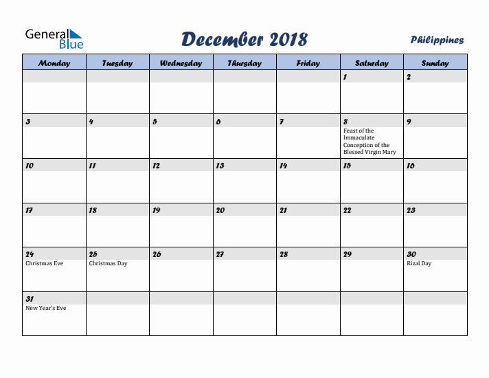 December 2018 Calendar with Holidays in Philippines