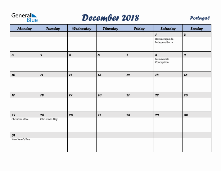 December 2018 Calendar with Holidays in Portugal