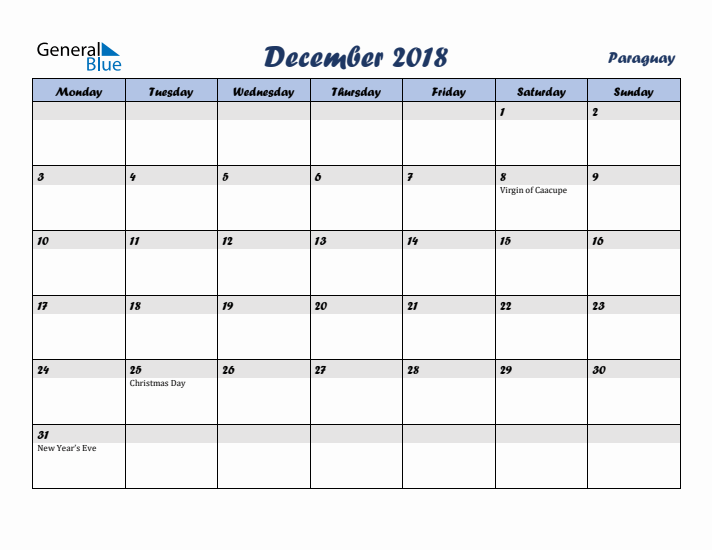 December 2018 Calendar with Holidays in Paraguay
