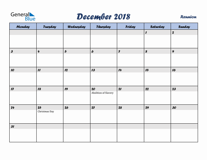 December 2018 Calendar with Holidays in Reunion