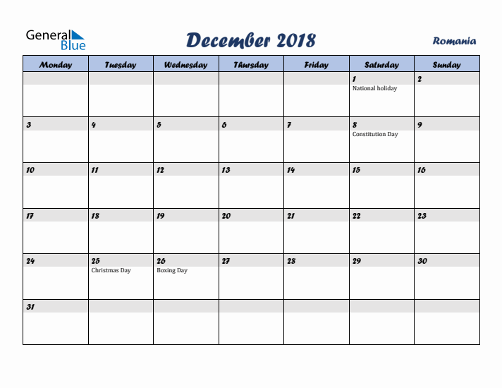 December 2018 Calendar with Holidays in Romania