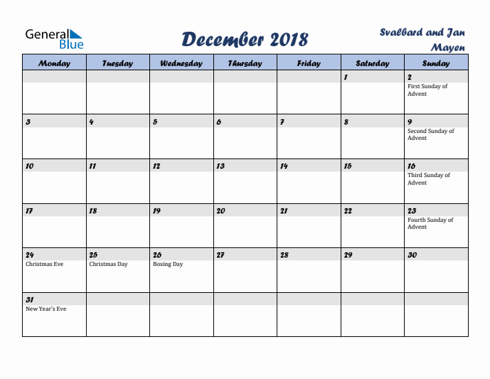 December 2018 Calendar with Holidays in Svalbard and Jan Mayen