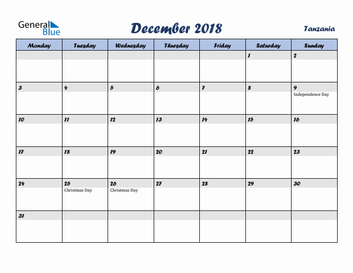 December 2018 Calendar with Holidays in Tanzania