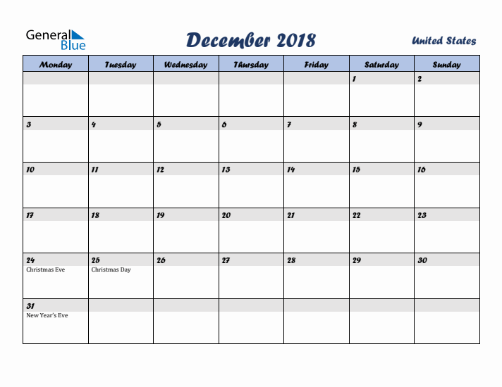 December 2018 Calendar with Holidays in United States