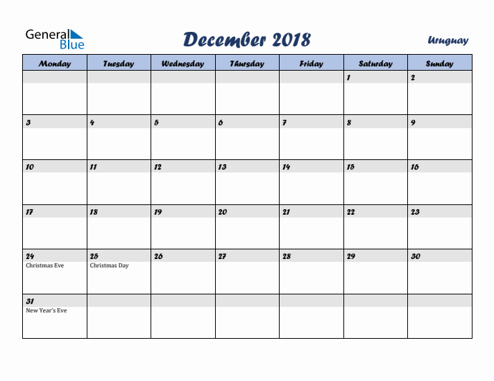 December 2018 Calendar with Holidays in Uruguay