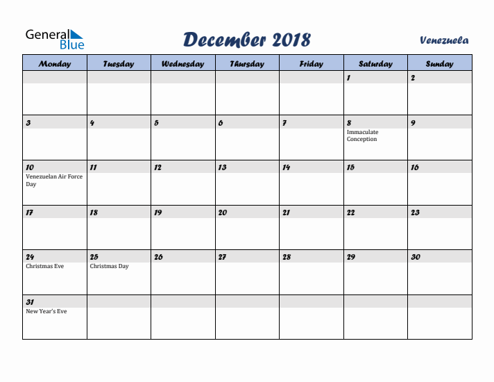 December 2018 Calendar with Holidays in Venezuela