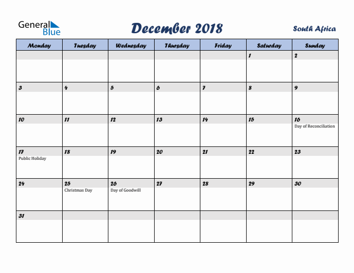 December 2018 Calendar with Holidays in South Africa