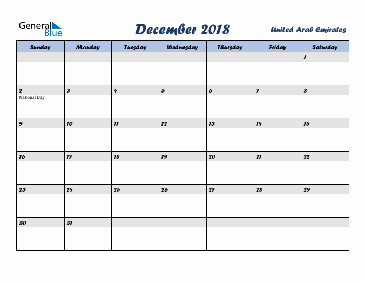 December 2018 Calendar with Holidays in United Arab Emirates