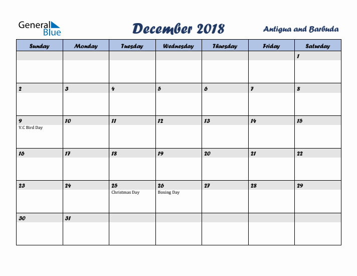 December 2018 Calendar with Holidays in Antigua and Barbuda