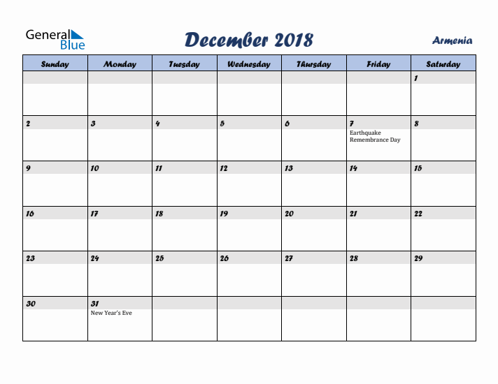December 2018 Calendar with Holidays in Armenia