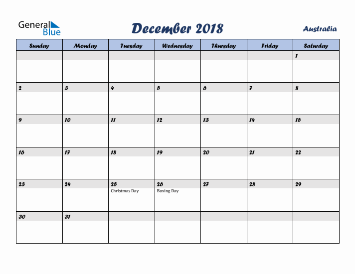 December 2018 Calendar with Holidays in Australia