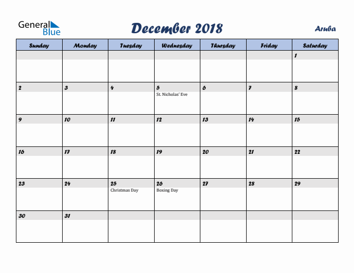 December 2018 Calendar with Holidays in Aruba