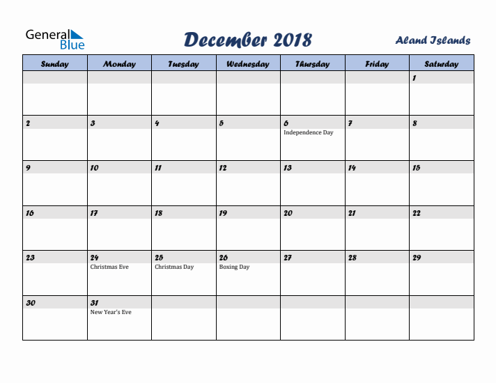December 2018 Calendar with Holidays in Aland Islands