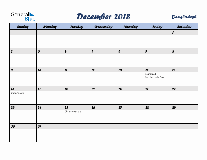 December 2018 Calendar with Holidays in Bangladesh