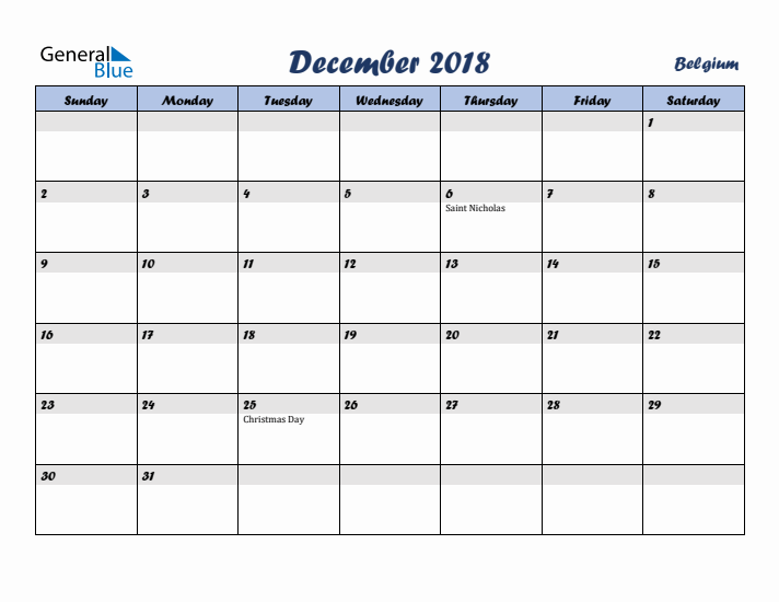 December 2018 Calendar with Holidays in Belgium