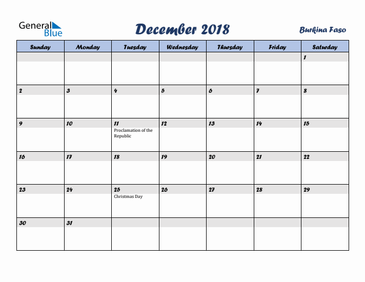 December 2018 Calendar with Holidays in Burkina Faso