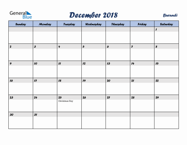 December 2018 Calendar with Holidays in Burundi