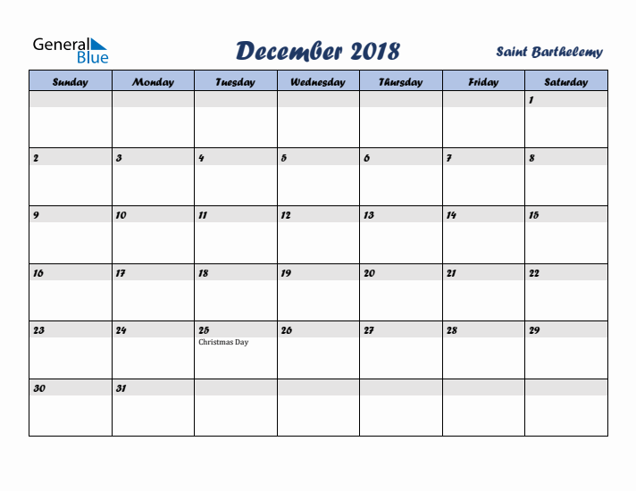 December 2018 Calendar with Holidays in Saint Barthelemy