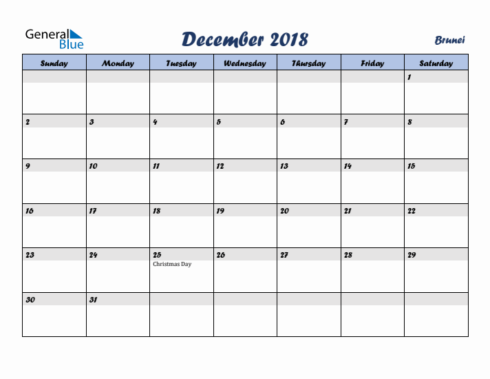December 2018 Calendar with Holidays in Brunei