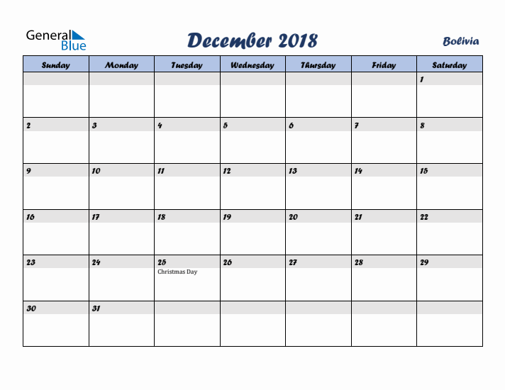 December 2018 Calendar with Holidays in Bolivia