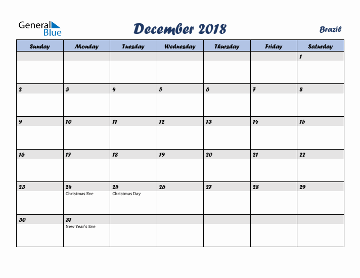 December 2018 Calendar with Holidays in Brazil