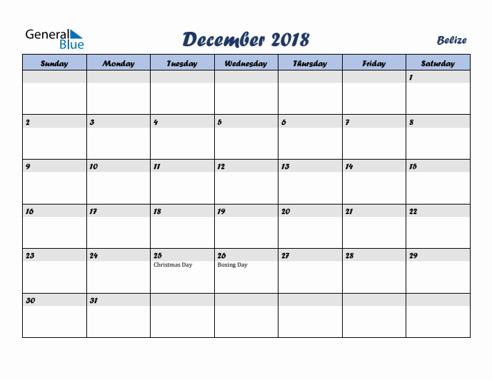 December 2018 Calendar with Holidays in Belize