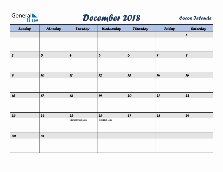 December 2018 Calendar with Holidays in Cocos Islands