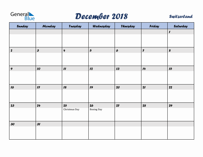 December 2018 Calendar with Holidays in Switzerland