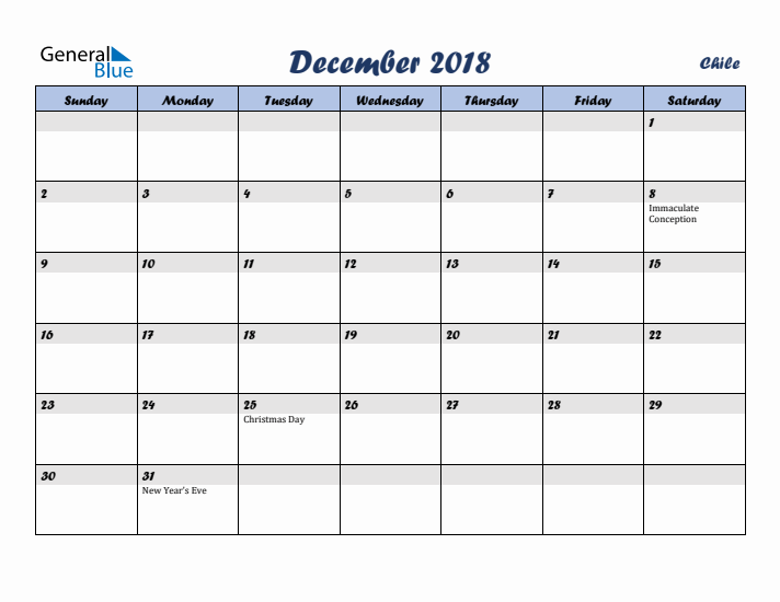 December 2018 Calendar with Holidays in Chile