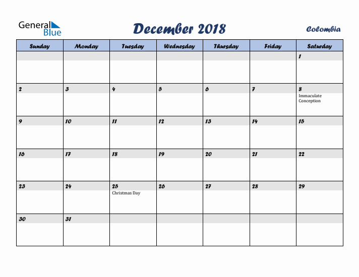 December 2018 Calendar with Holidays in Colombia