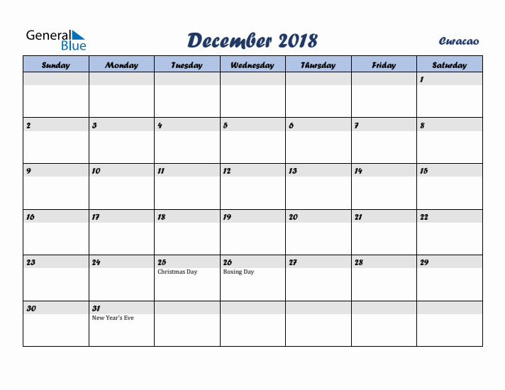 December 2018 Calendar with Holidays in Curacao