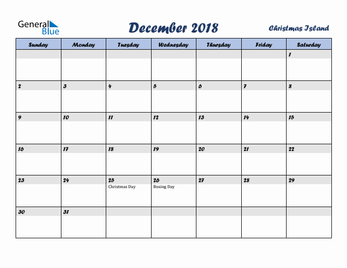 December 2018 Calendar with Holidays in Christmas Island