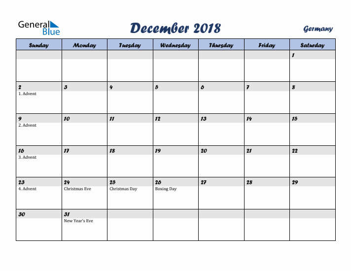 December 2018 Calendar with Holidays in Germany