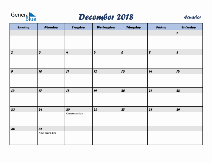 December 2018 Calendar with Holidays in Ecuador