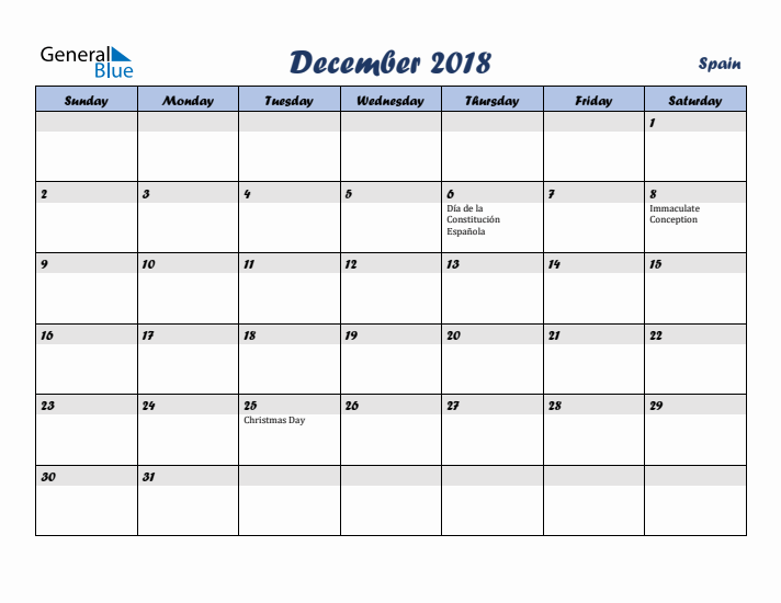 December 2018 Calendar with Holidays in Spain