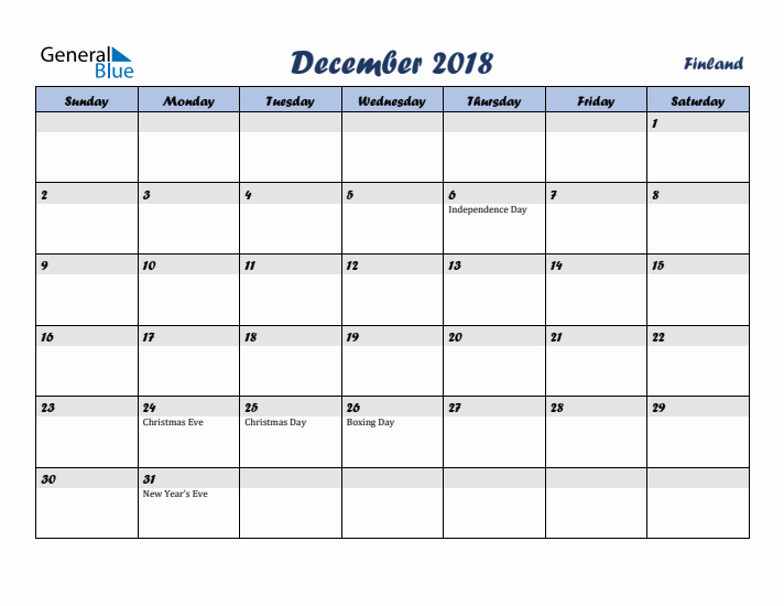 December 2018 Calendar with Holidays in Finland