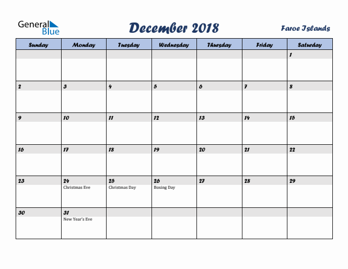 December 2018 Calendar with Holidays in Faroe Islands